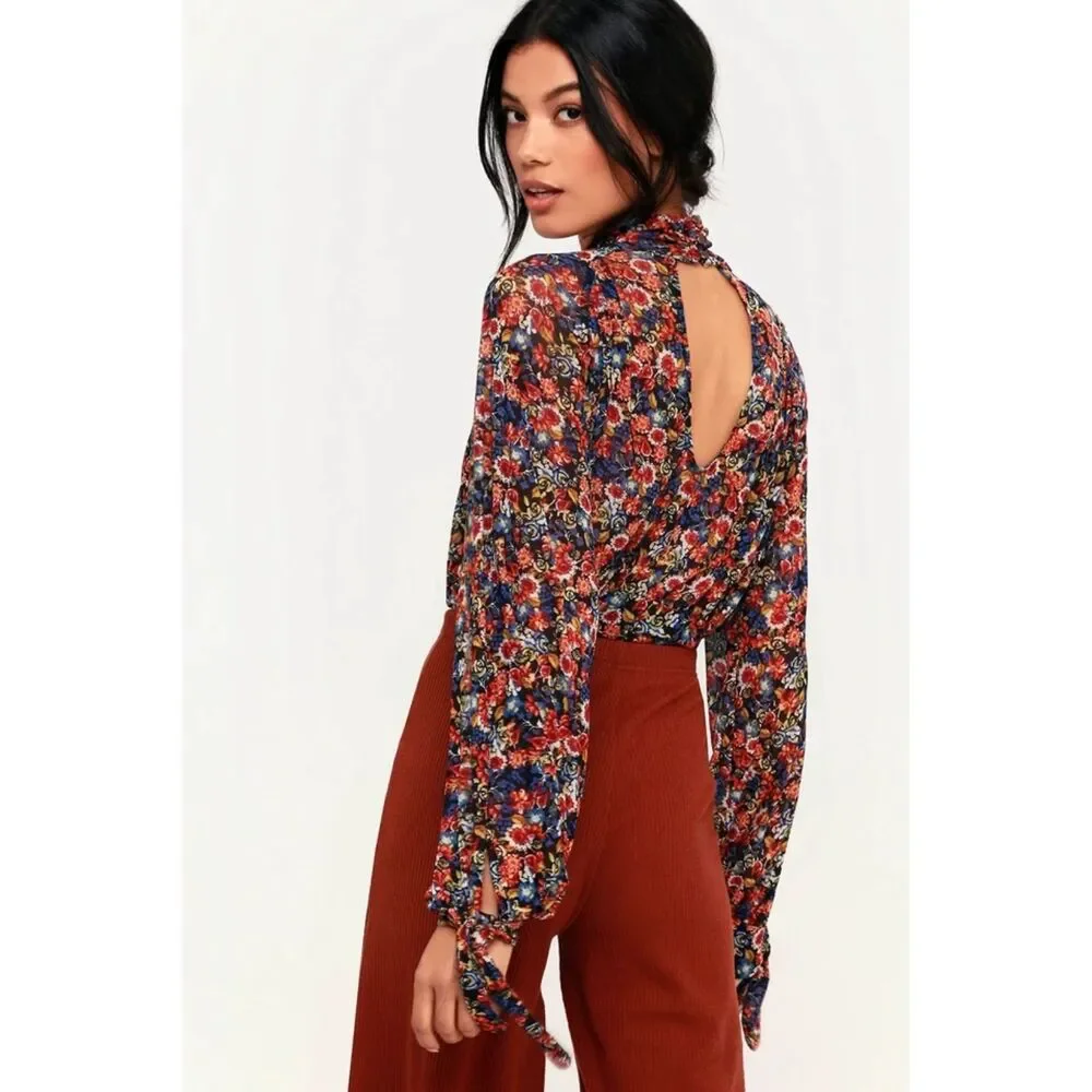 Free People All Dolled Up Top Floral Mesh Boho Fairy Tie‎ Sleeve Cropped y2k XS